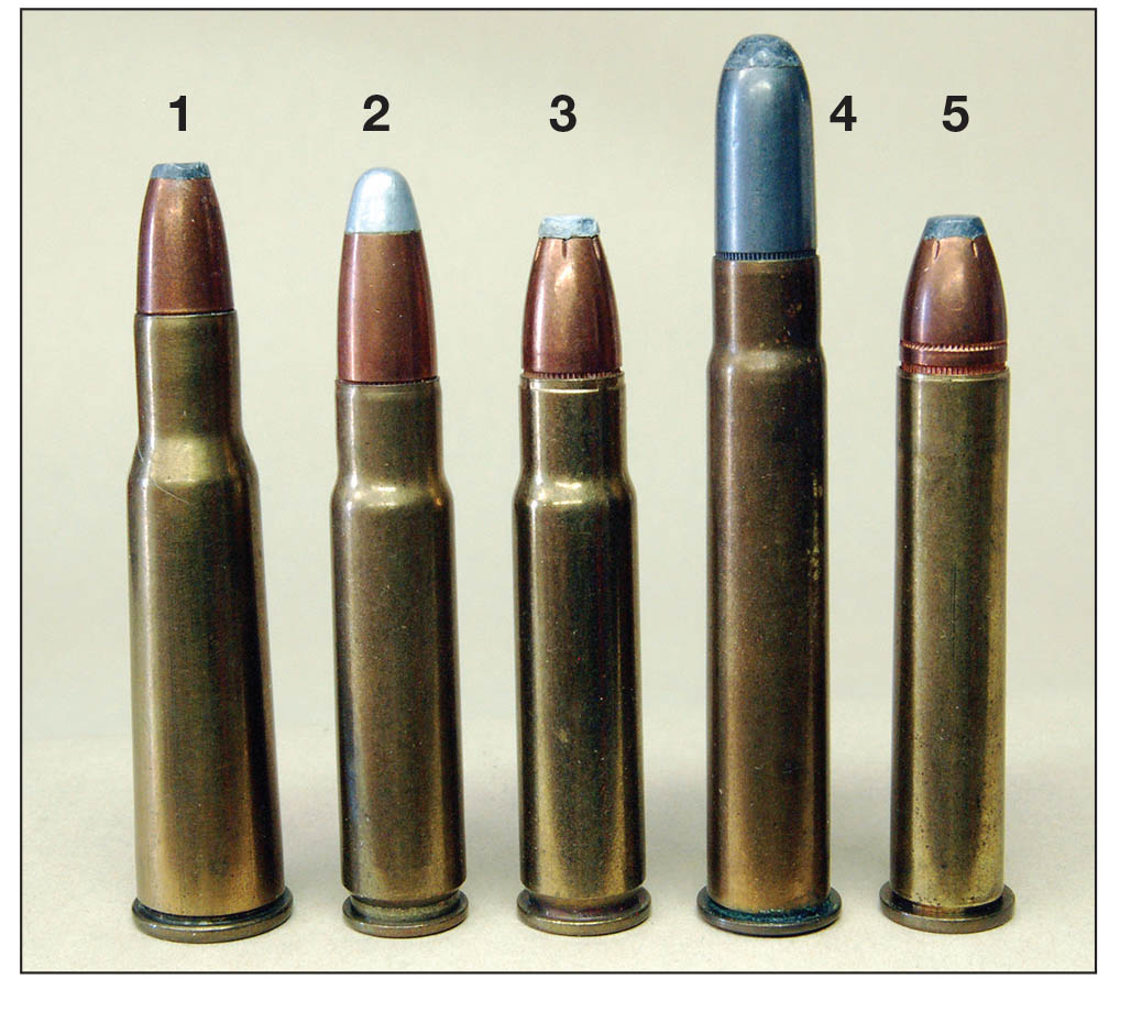 American cartridges with performance similar to the 9x57 include the (1) .348 Winchester, (2) .356 Winchester, (3) .358 Winchester and the (4,5) .35 and .375 Winchesters.